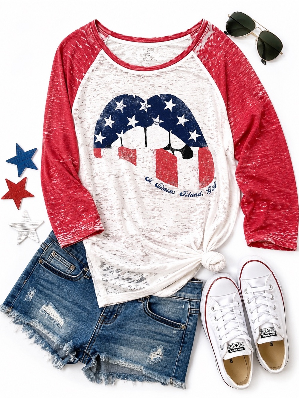 Duck Co Patriotic American Flag Lips Burnout Tee Red White Blue Large